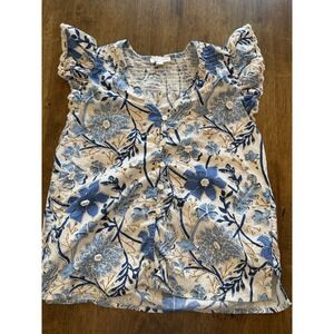 Jennifer & Grace Blue Chambray Eyelet Floral Embroidered Flutter Sleeve Top XS